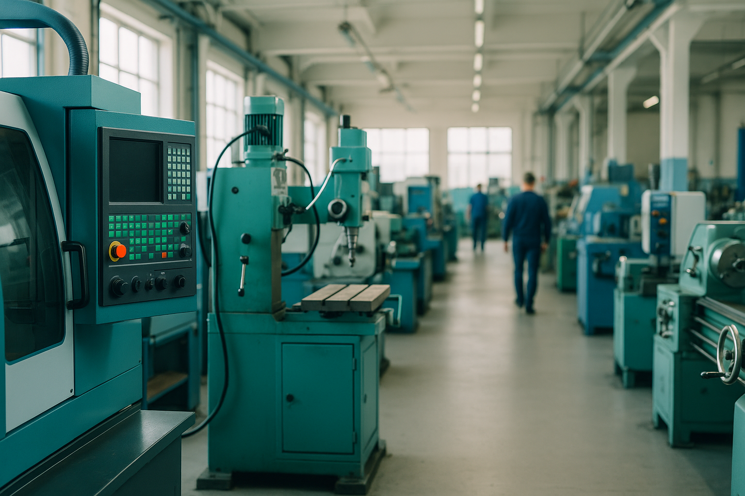 Aufgereihte Industriemaschinen in einer Halle zur Bewertung und Verwertung