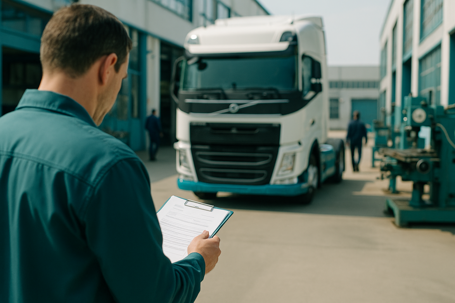 Bewertung eines Nutzfahrzeugs mit Unterlagen auf dem Betriebshof