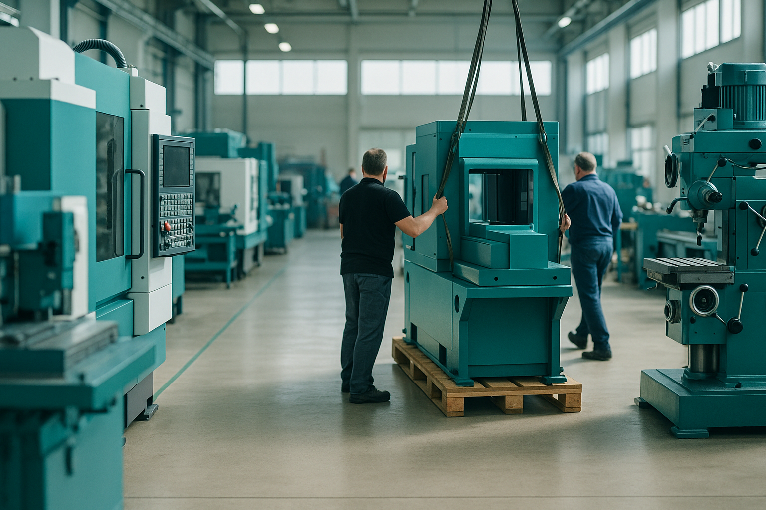 Vorbereitung und Verladung von Maschinen für den Transport in einer Fabrikhalle