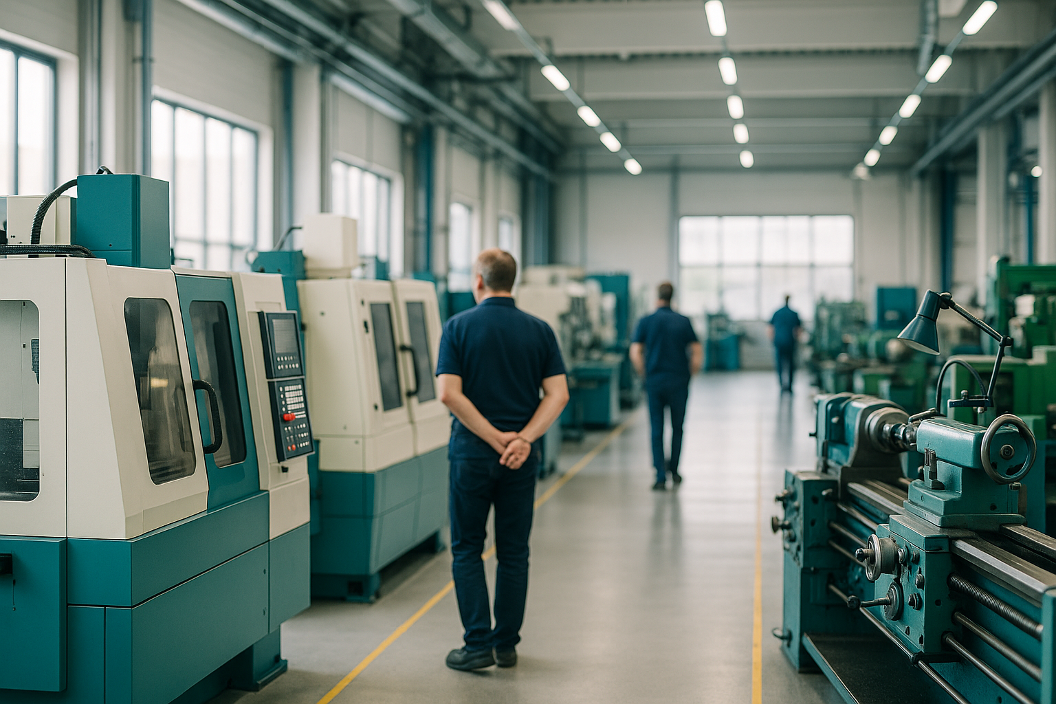 Werkshalle mit gebrauchten Produktionsmaschinen während einer Bewertung
