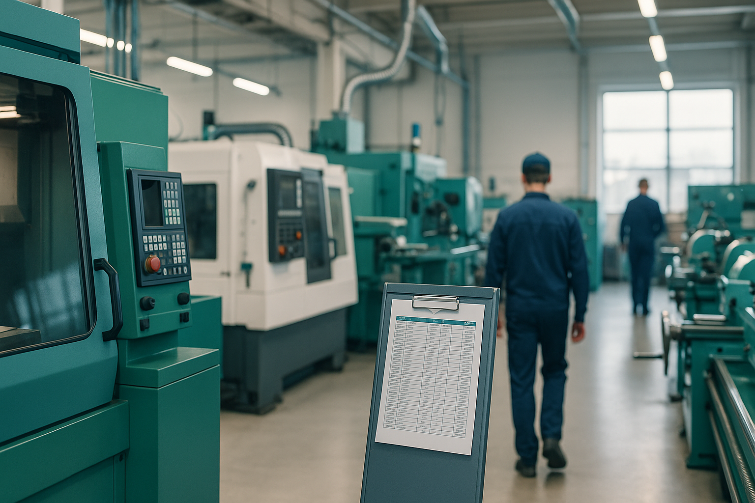 Zwei Personen prüfen eine Maschinenliste in einer modernen Fabrik