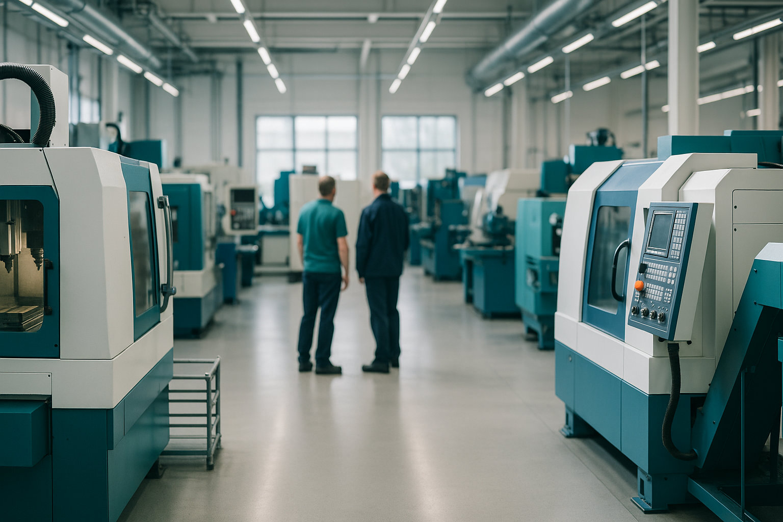Zwei Geschäftsleute begutachten Maschinen in einer Fabrikhalle beim direkten Ankauf