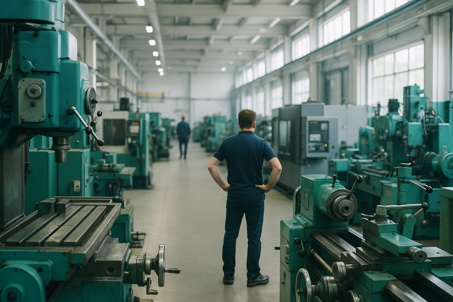Werkshalle mit gebrauchten Produktionsmaschinen bei der Bestandsaufnahme