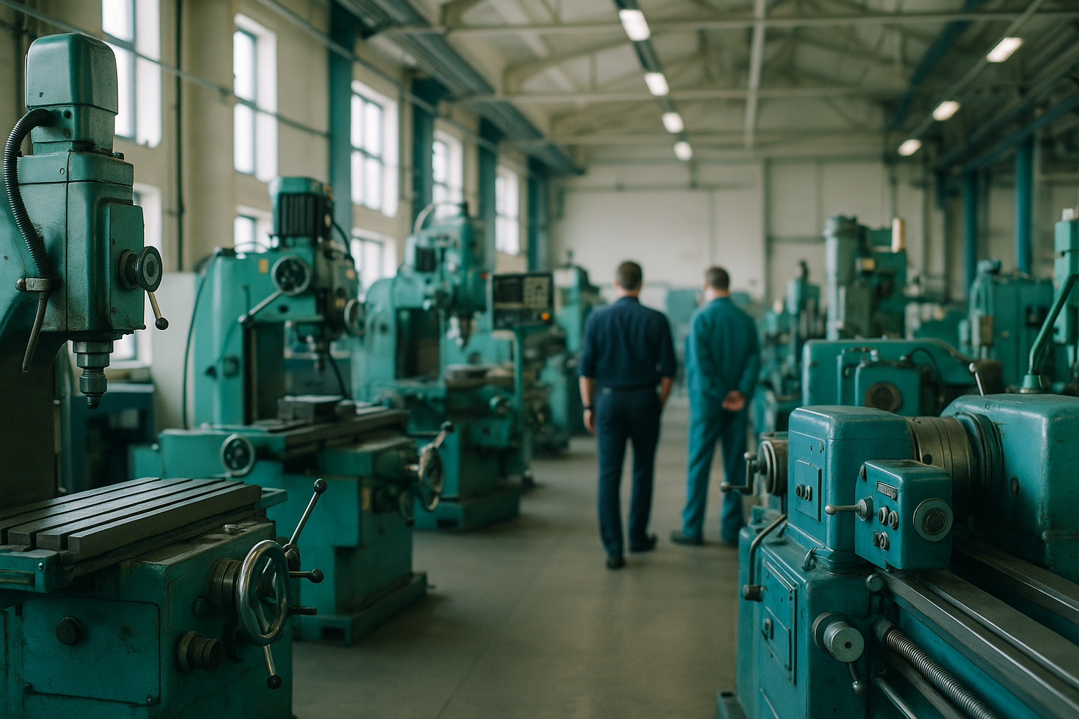 Zwei Geschäftsleute begutachten gebrauchte Produktionsmaschinen in einer Fabrikhalle