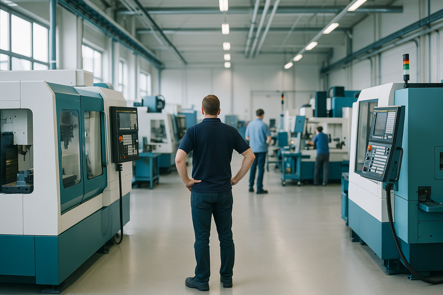 Helle Werkshalle mit Industriemaschinen waehrend einer Bestandsaufnahme zur Maschinenbewertung